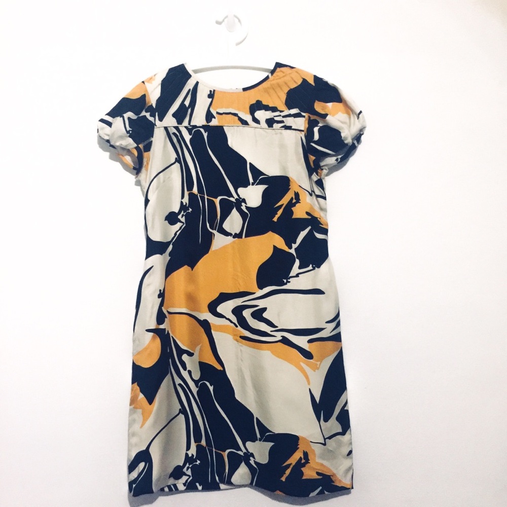 Silk dress small shift yellow navy off white